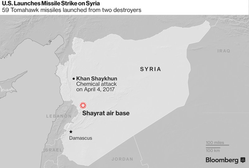 Более 50 ракет выпустили Вооруженные силы США по авиабазе Шайрат правительственных войск Сирии в провинции Хомс